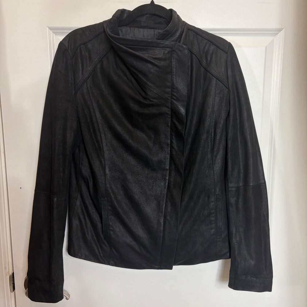 Truth of Touch Black Genuine Lamb Leather Asymmetrical Zip Moto Jacket Medium